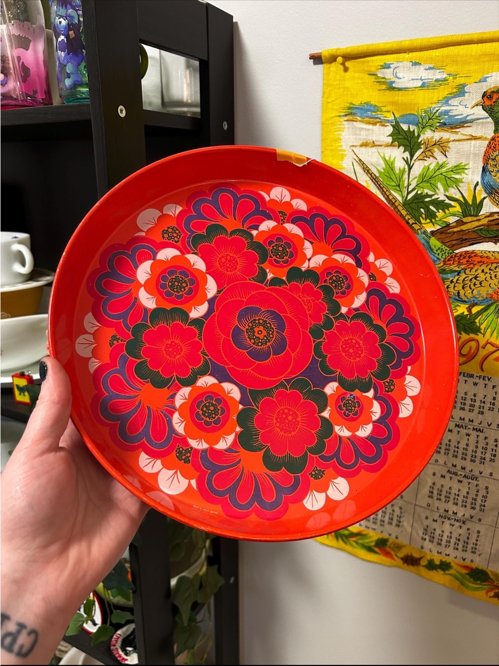 1970s Worcester Ware Vintage Floral Metal Tray - Bright Red Floral Design